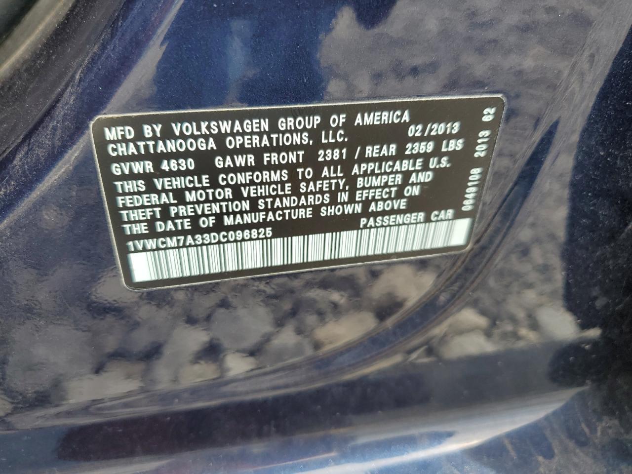 2013 Volkswagen Passat Sel VIN: 1VWCM7A33DC096825 Lot: 67968994