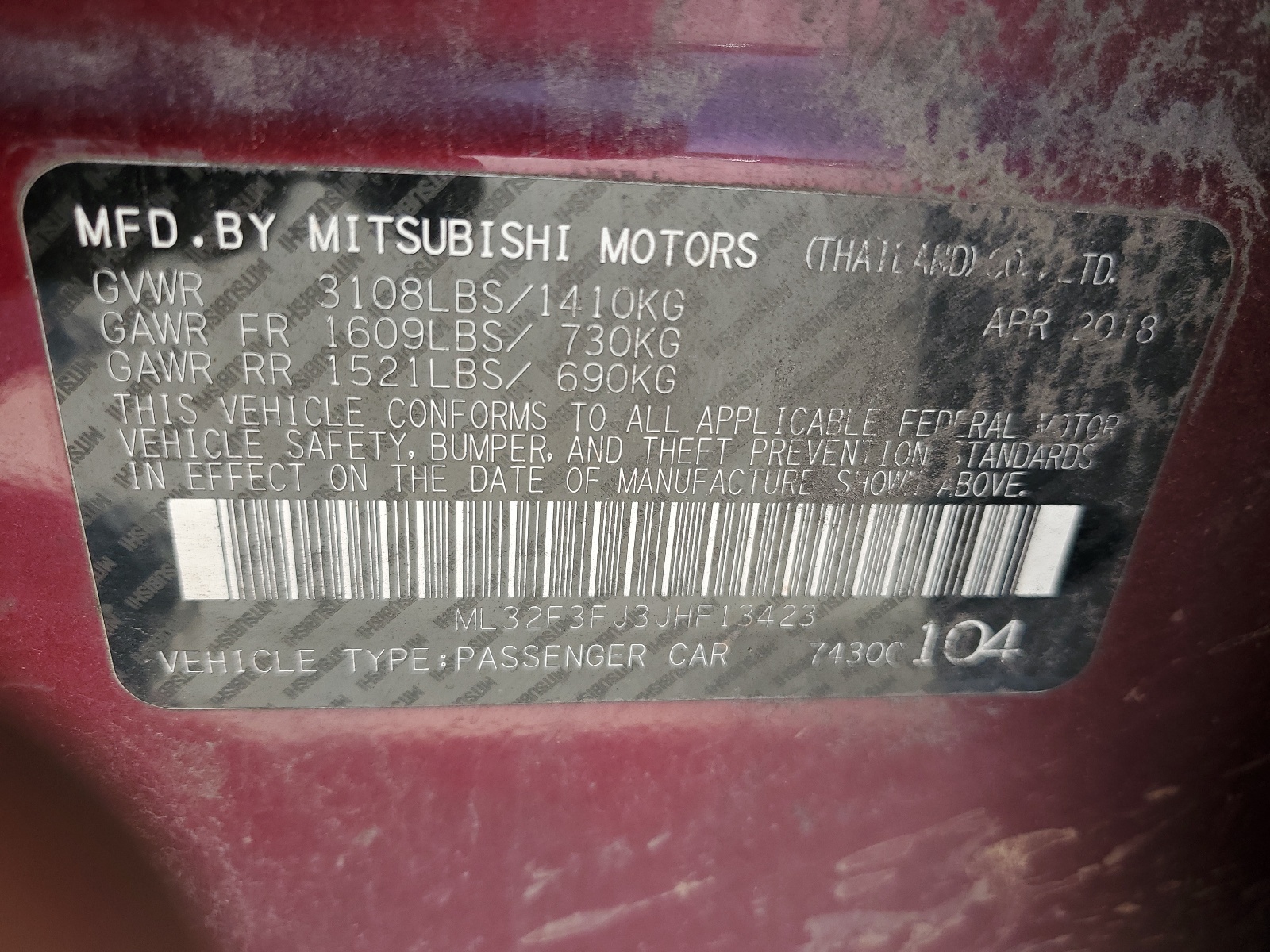 ML32F3FJ3JHF13423 2018 Mitsubishi Mirage G4 Es