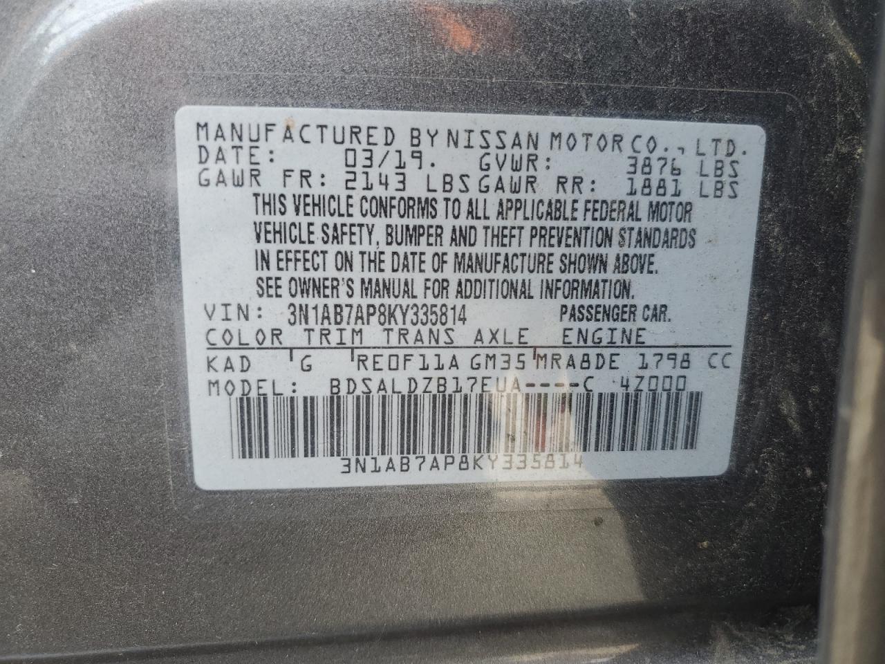 3N1AB7AP8KY335814 2019 Nissan Sentra S