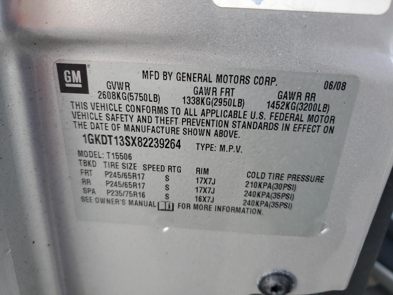 2008 GMC Envoy VIN: 1GKDT13SX82239264 Lot: 66292074