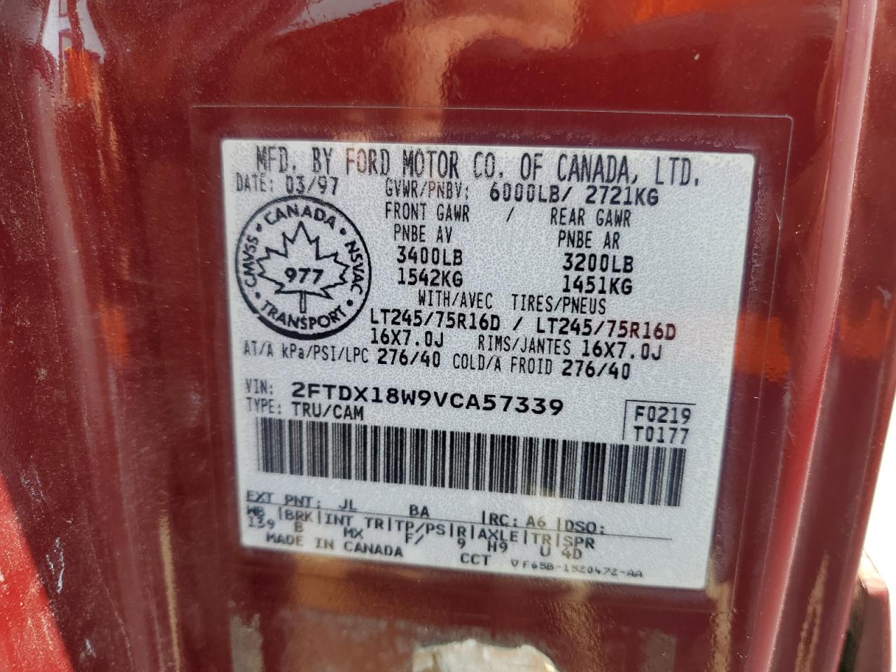1997 Ford F150 VIN: 2FTDX18W9VCA57339 Lot: 66741344