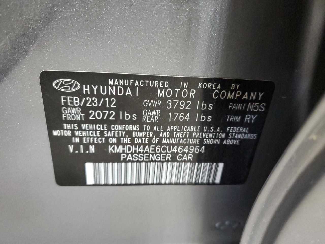 2012 Hyundai Elantra Gls VIN: KMHDH4AE6CU464964 Lot: 66296904