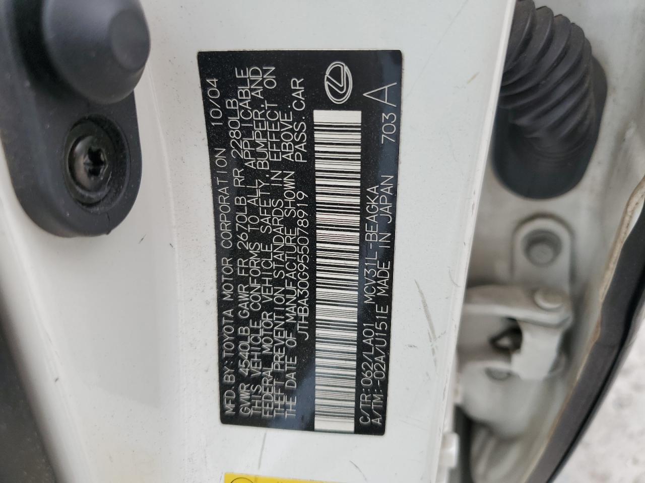 2005 Lexus Es 330 VIN: JTHBA30G955078919 Lot: 66481614