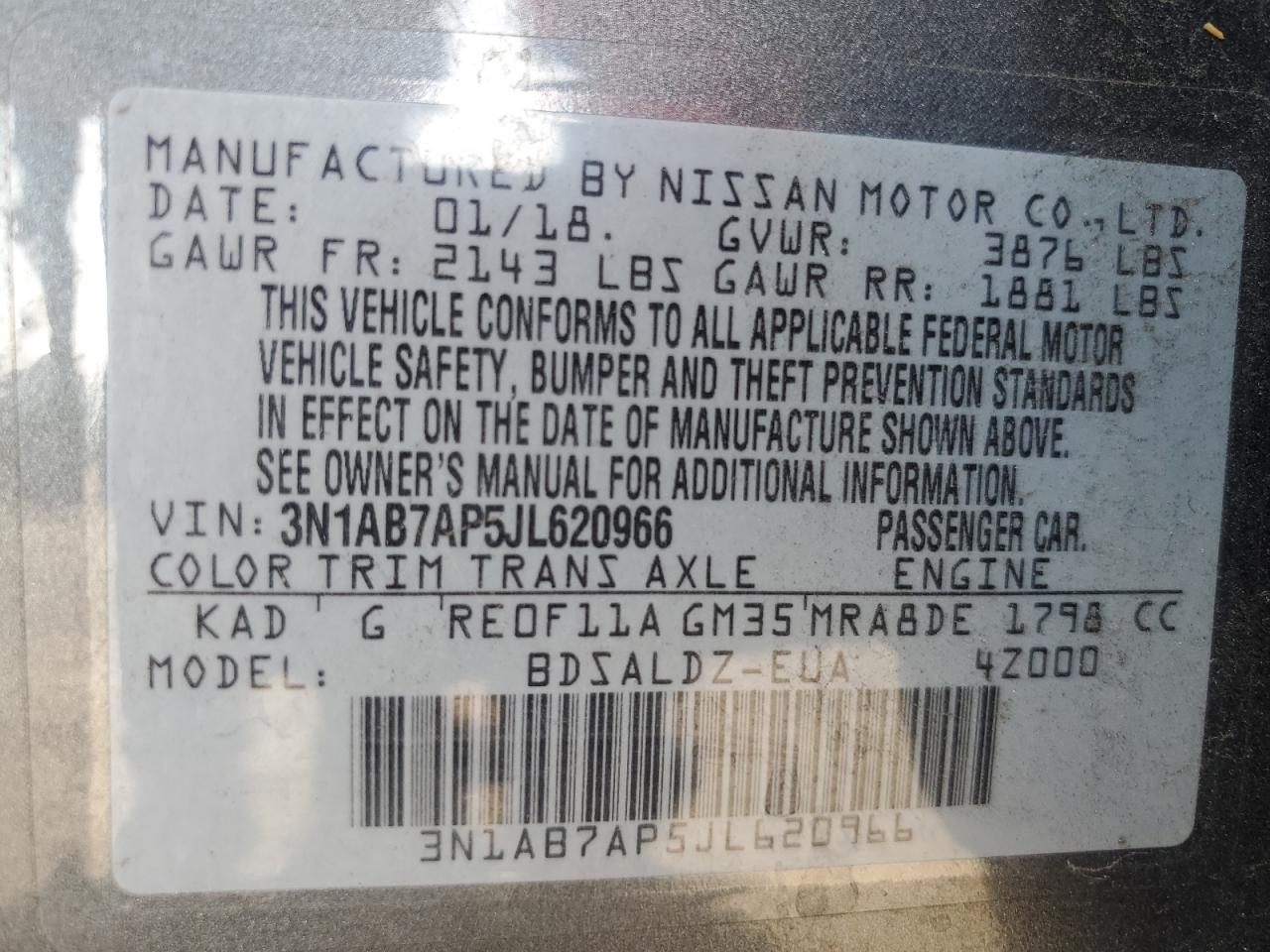 3N1AB7AP5JL620966 2018 Nissan Sentra S