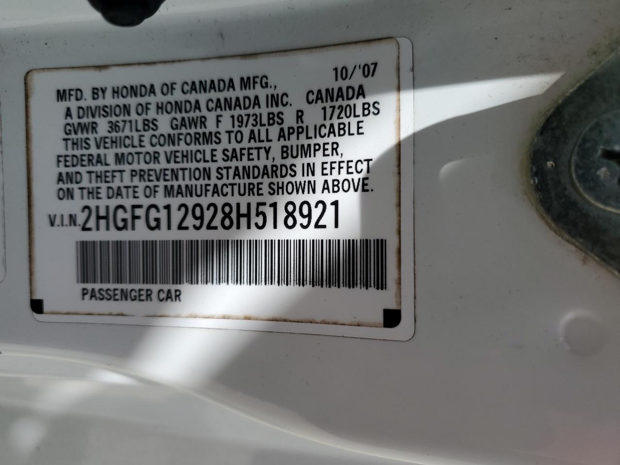 2008 Honda Civic Exl VIN: 2HGFG12928H518921 Lot: 66098314