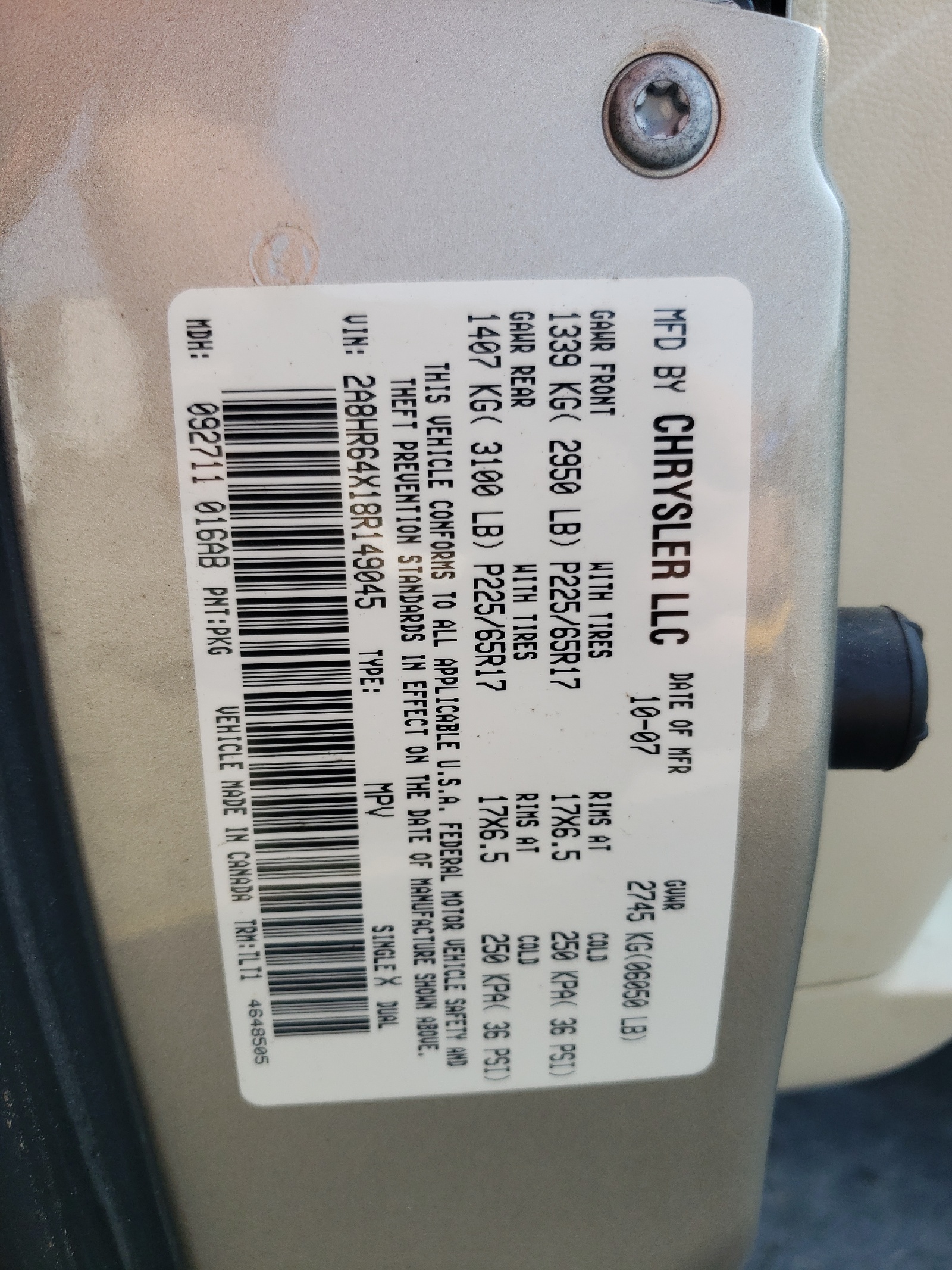 2A8HR64X18R149045 2008 Chrysler Town & Country Limited