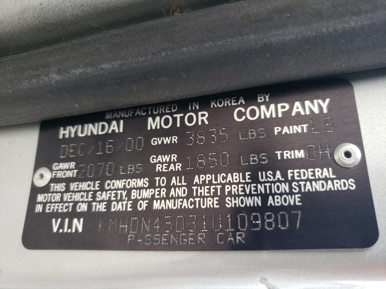 2001 Hyundai Elantra Gls VIN: KMHDN45D31U109807 Lot: 69449744