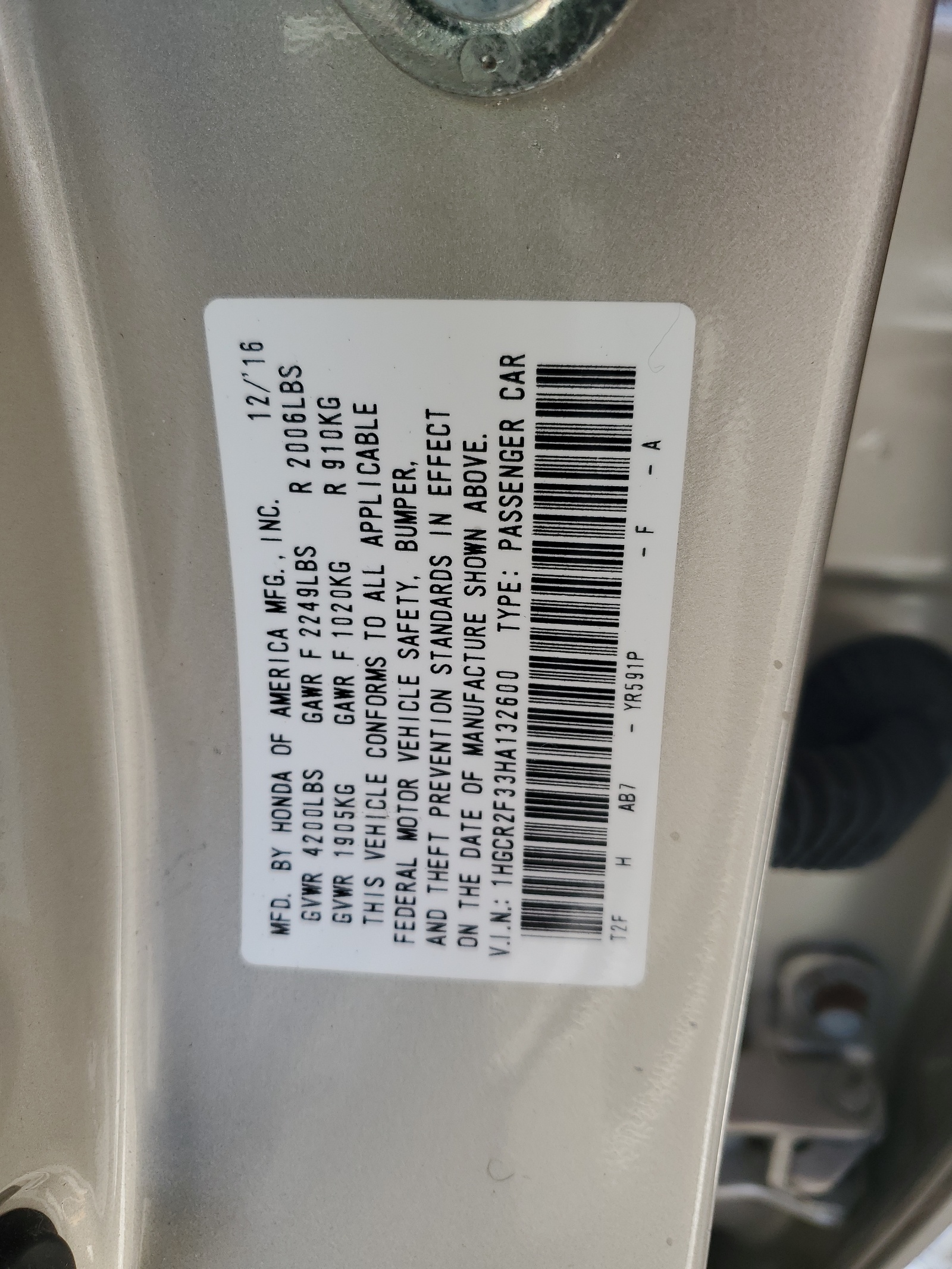 1HGCR2F33HA132600 2017 Honda Accord Lx