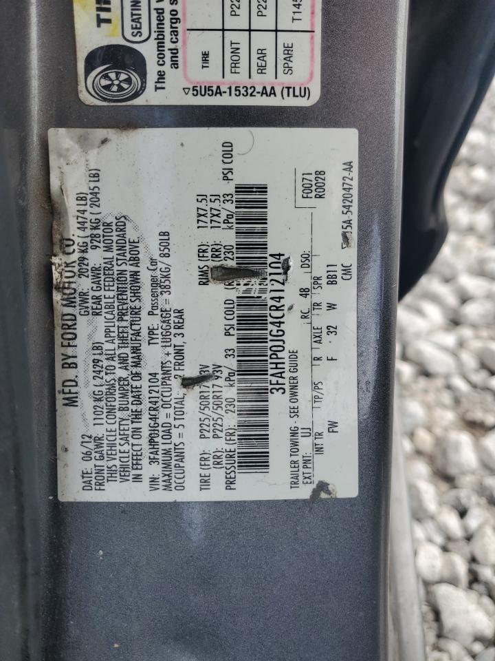 2012 Ford Fusion Sel VIN: 3FAHP0JG4CR412104 Lot: 69319224