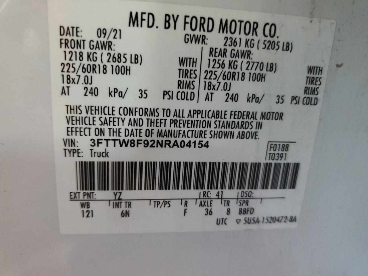 2022 Ford Maverick Xl VIN: 3FTTW8F92NRA04154 Lot: 68133294