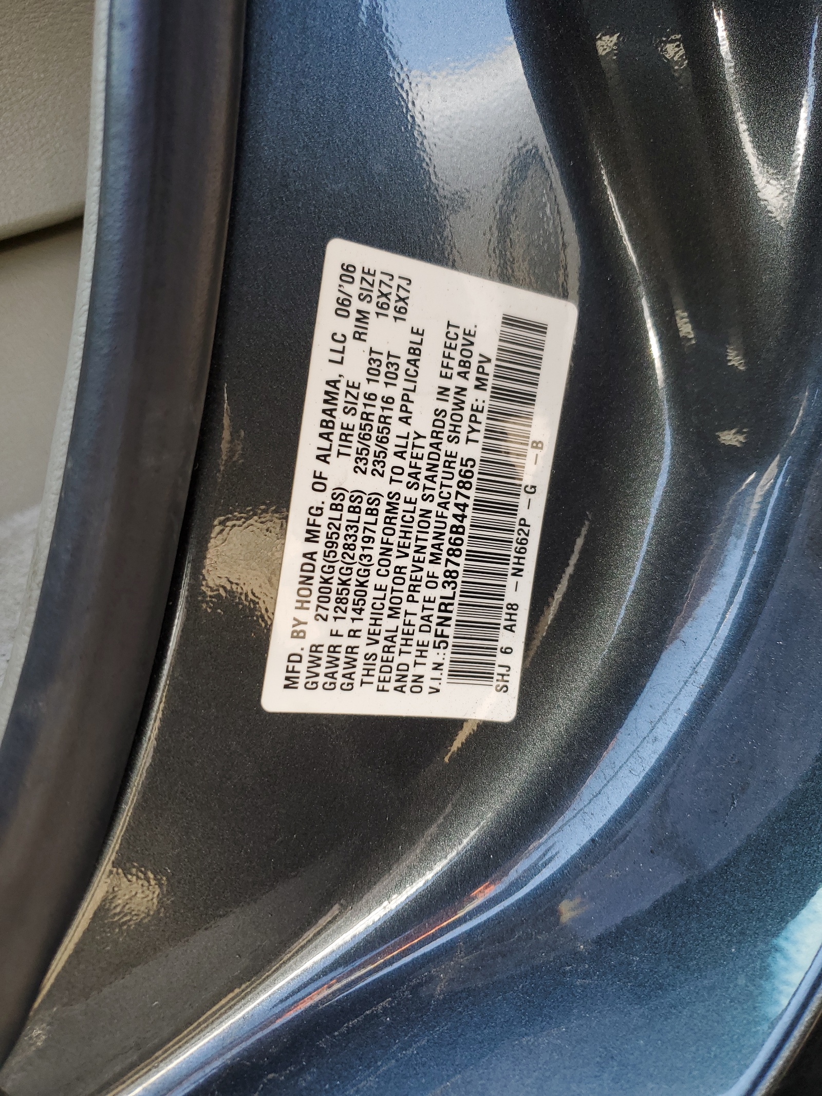 5FNRL38786B447865 2006 Honda Odyssey Exl
