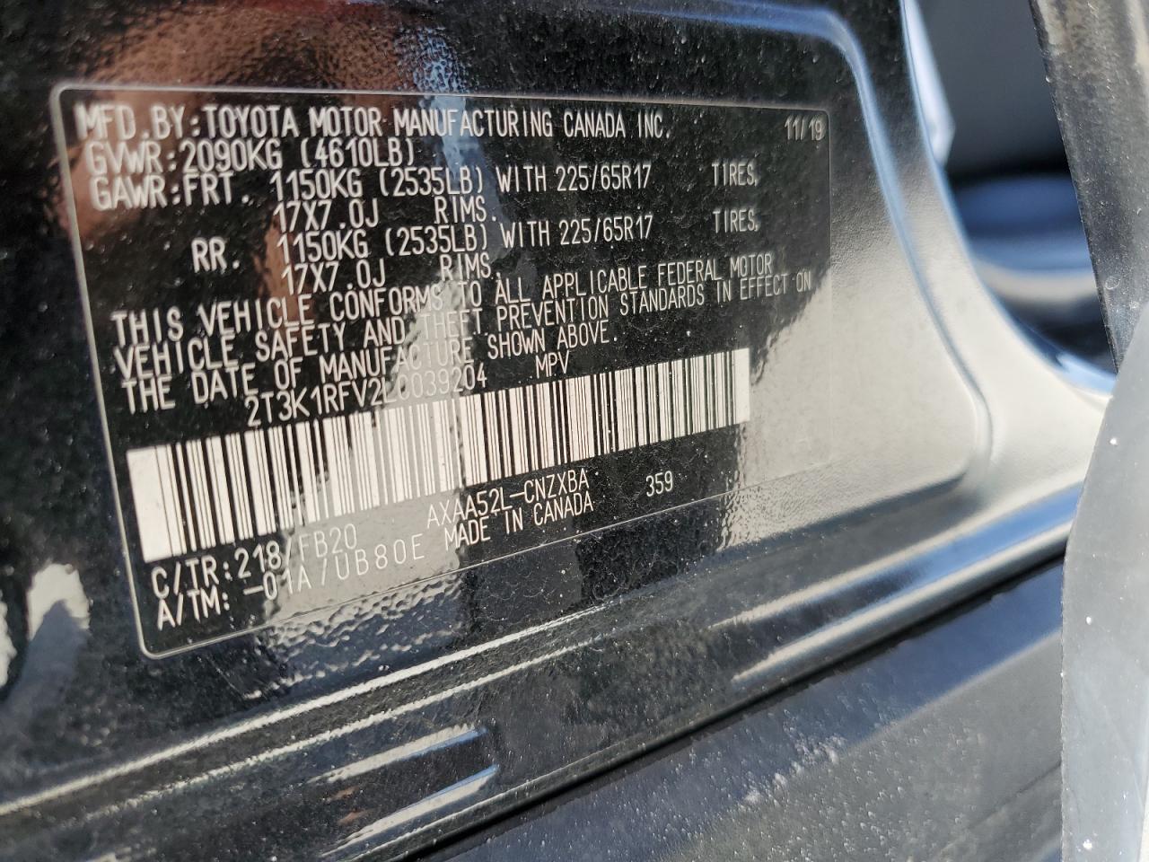 2020 Toyota Rav4 Le VIN: 2T3K1RFV2LC039204 Lot: 67862434