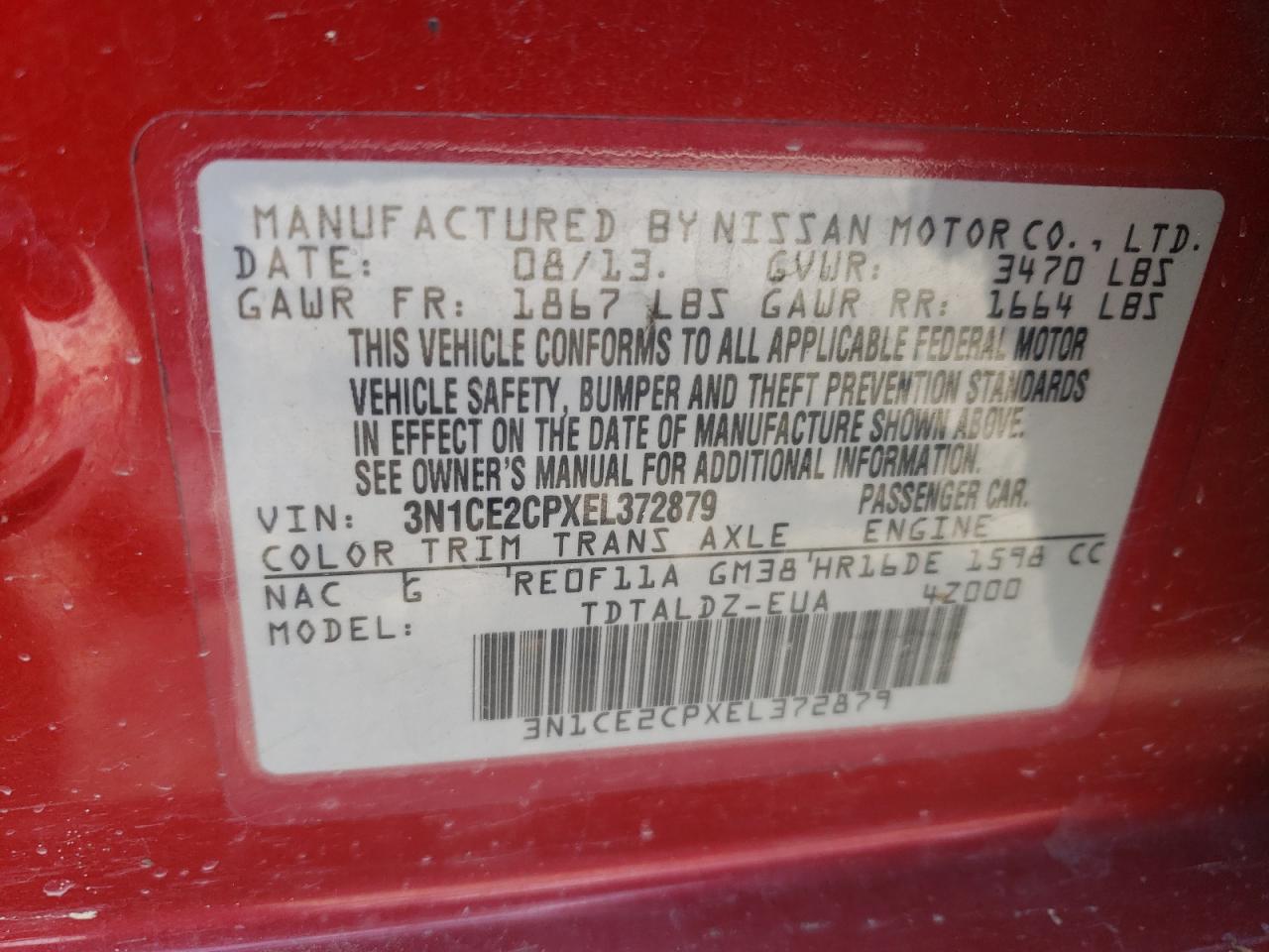 3N1CE2CPXEL372879 2014 Nissan Versa Note S