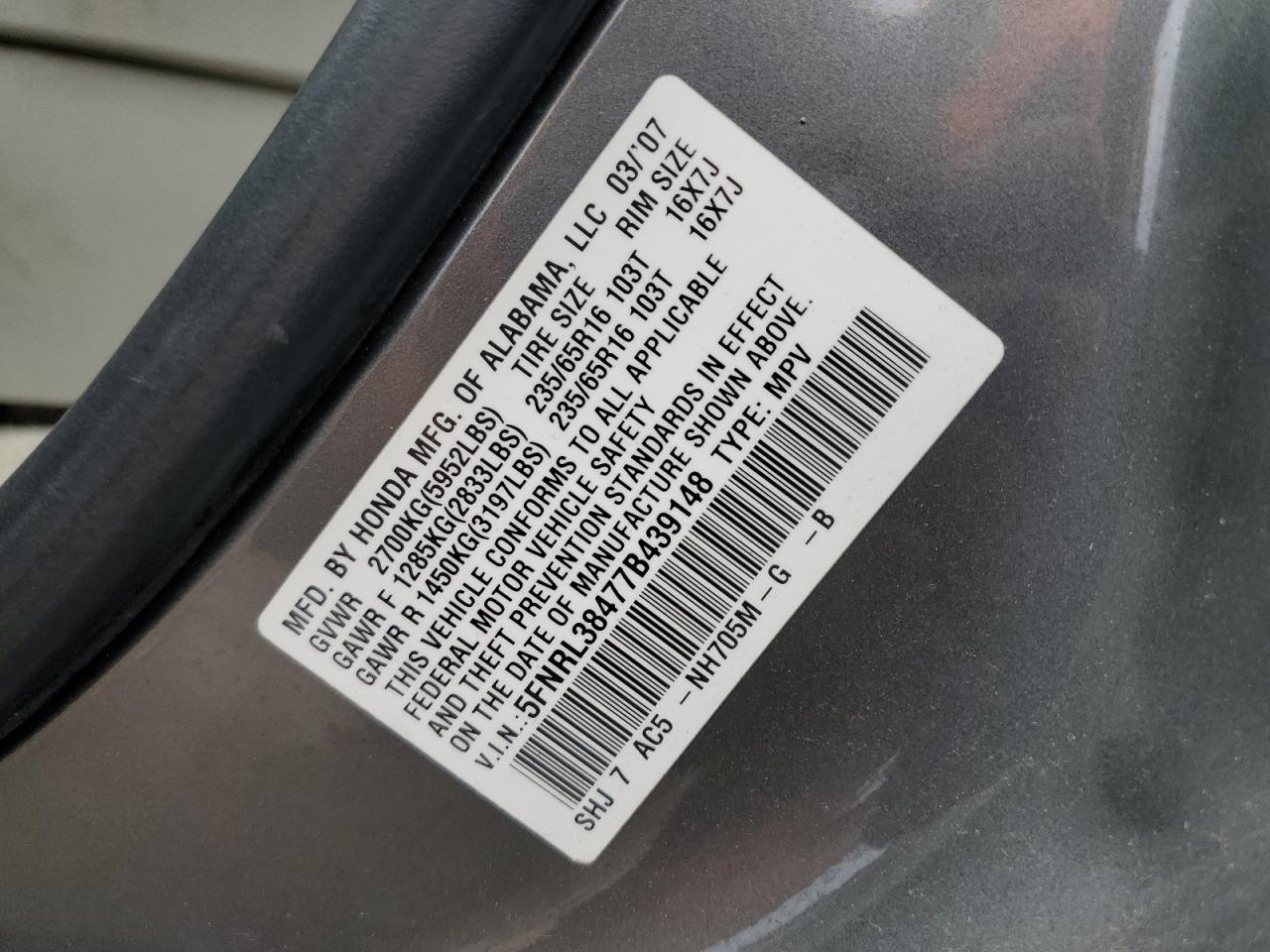 2007 Honda Odyssey Ex VIN: 5FNRL38477B439148 Lot: 65967074