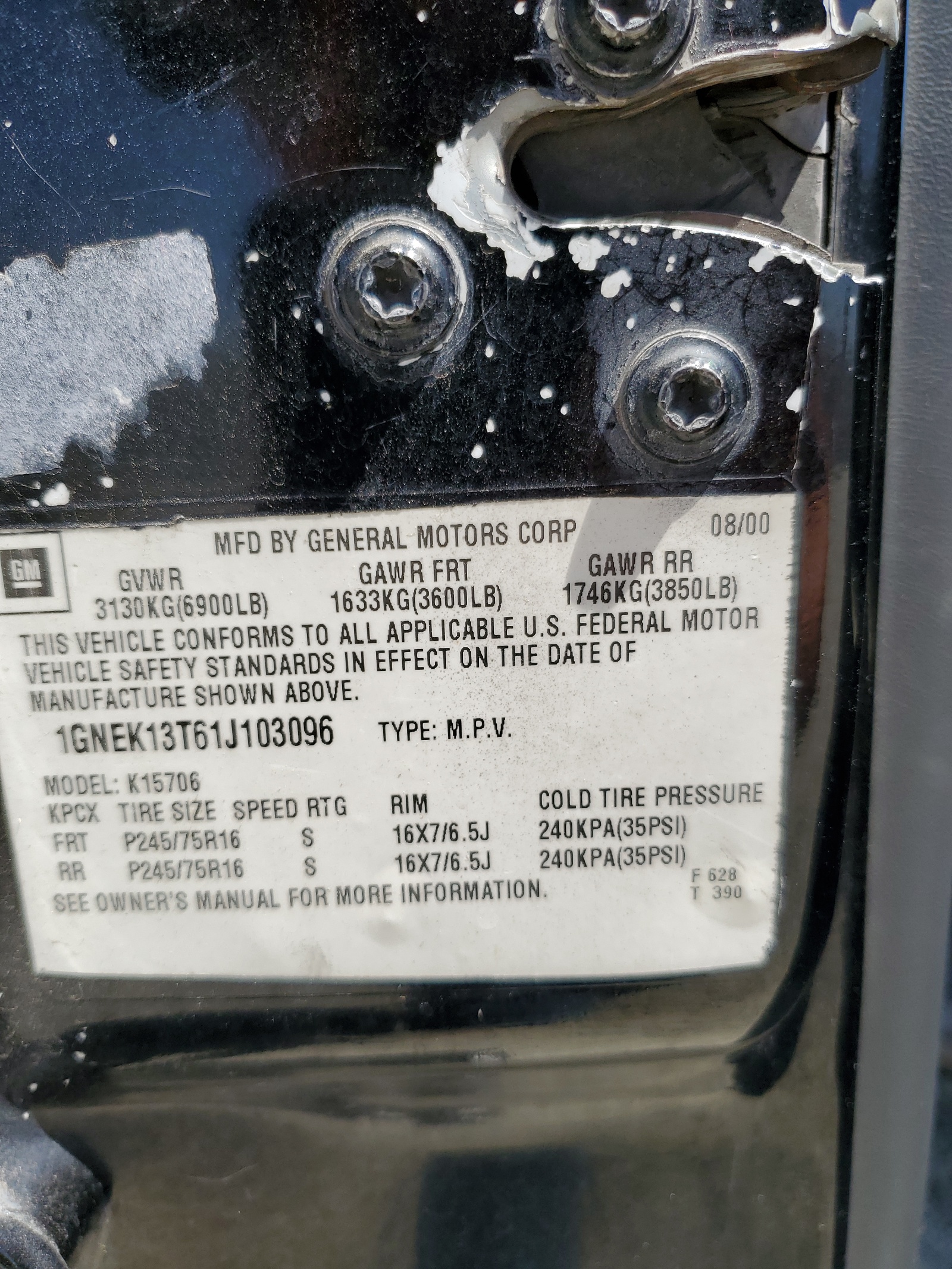 1GNEK13T61J103096 2001 Chevrolet Tahoe K1500