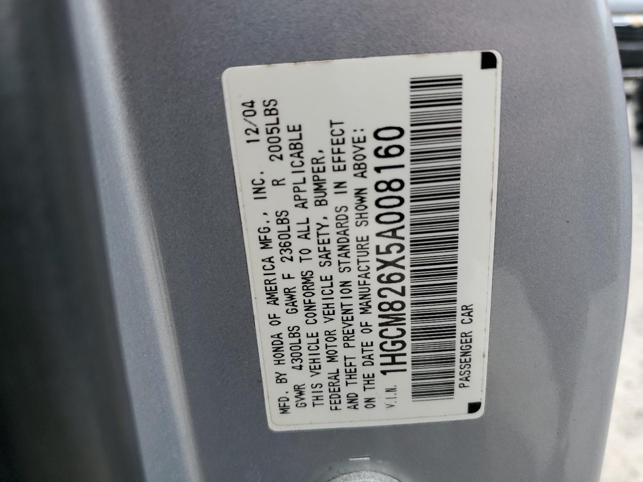 2005 Honda Accord Ex VIN: 1HGCM826X5A008160 Lot: 65431264