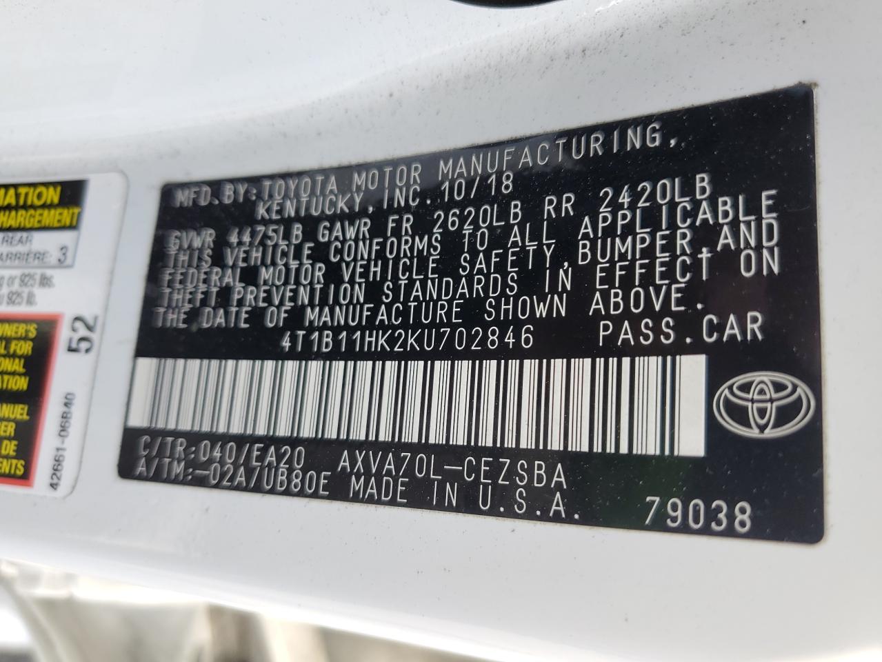 4T1B11HK2KU702846 2019 Toyota Camry L