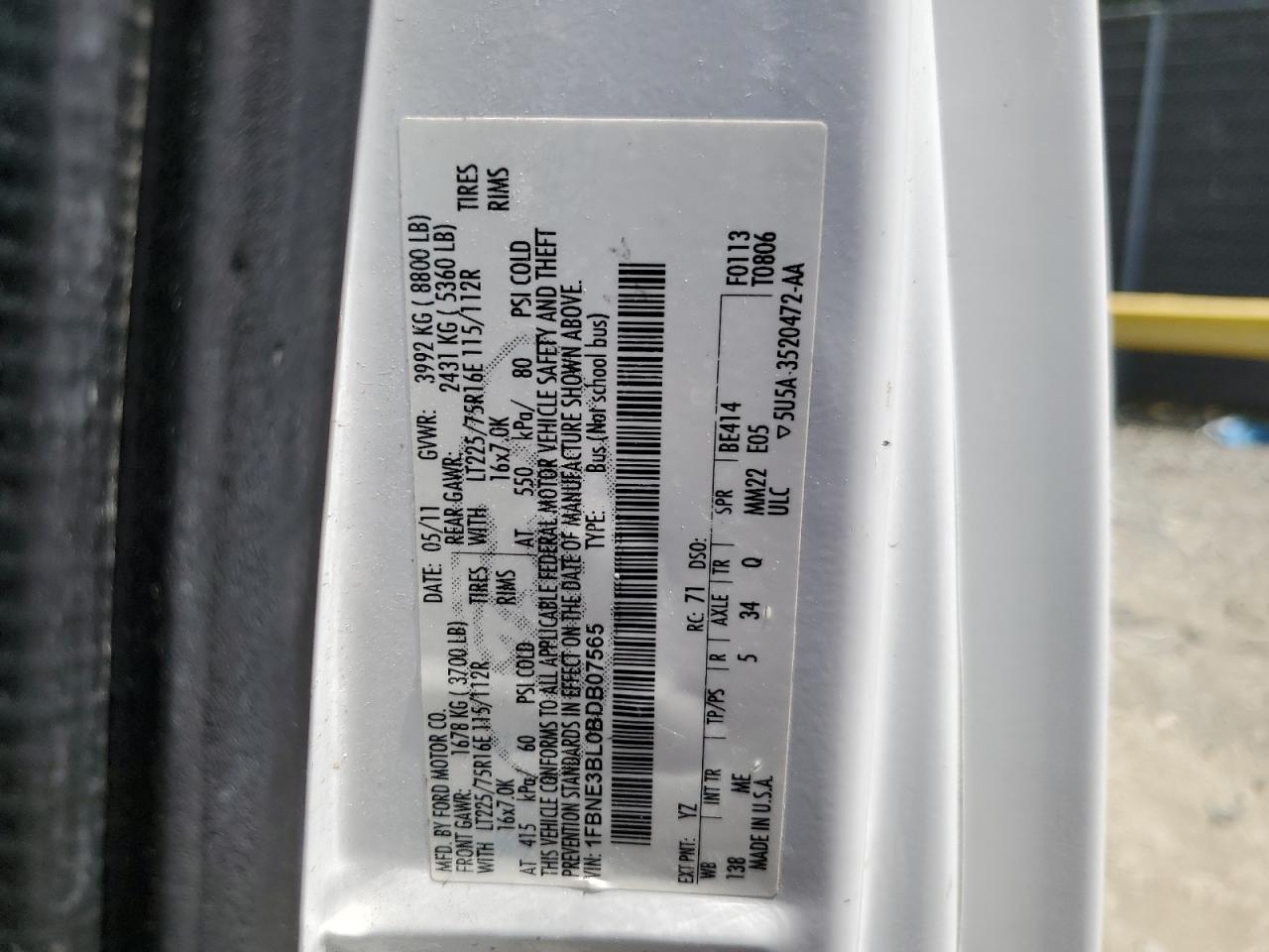 2011 Ford Econoline E350 Super Duty Wagon VIN: 1FBNE3BL0BDB07565 Lot: 65794234