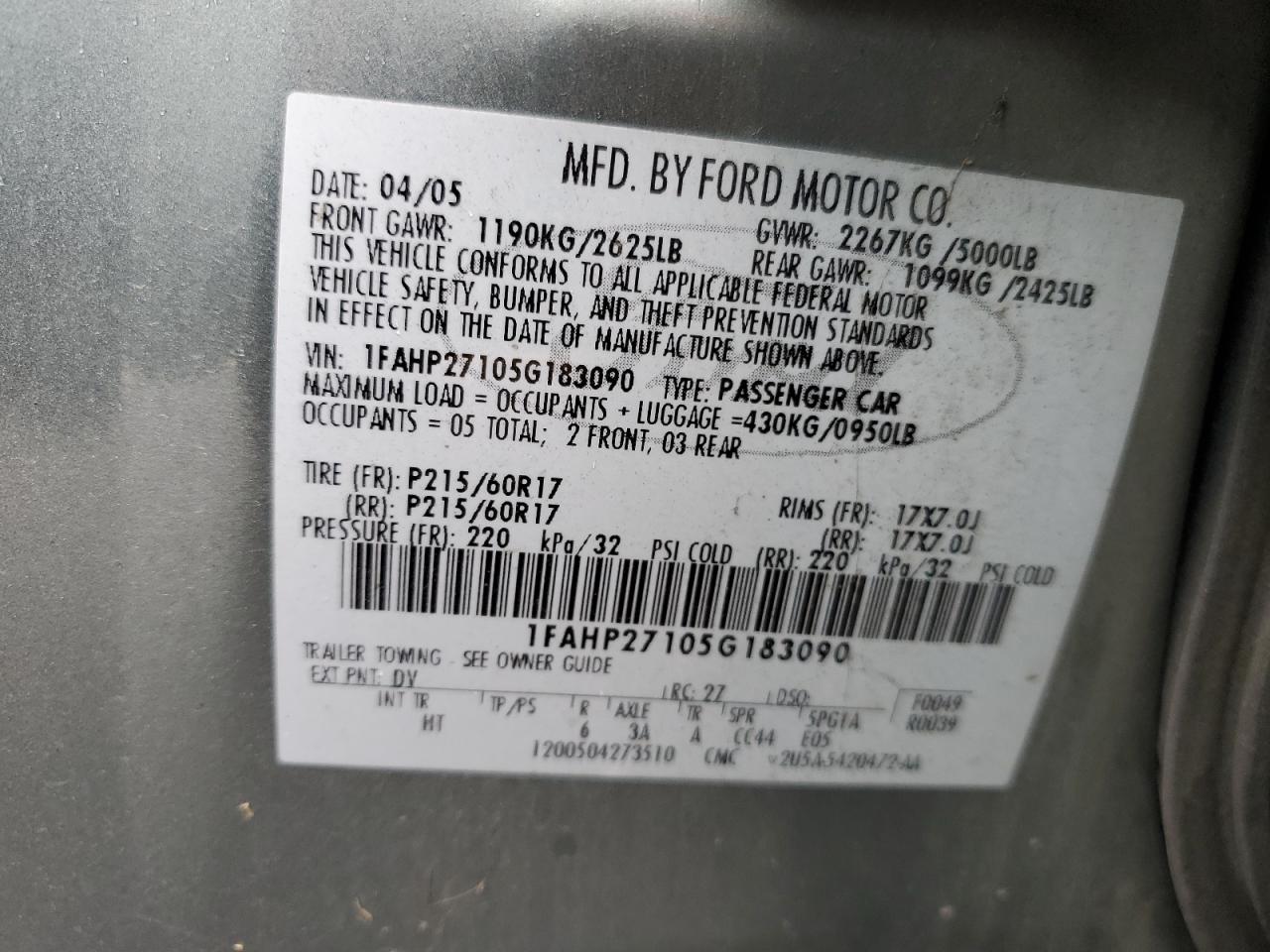 2005 Ford Five Hundred Sel VIN: 1FAHP27105G183090 Lot: 65410004