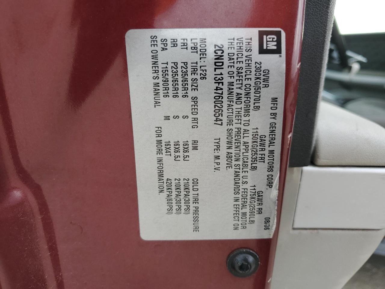 2CNDL13F476026547 2007 Chevrolet Equinox Ls