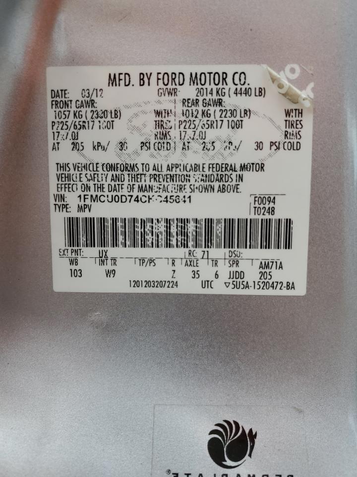 2012 Ford Escape Xlt VIN: 1FMCU0D74CKC45641 Lot: 68429394