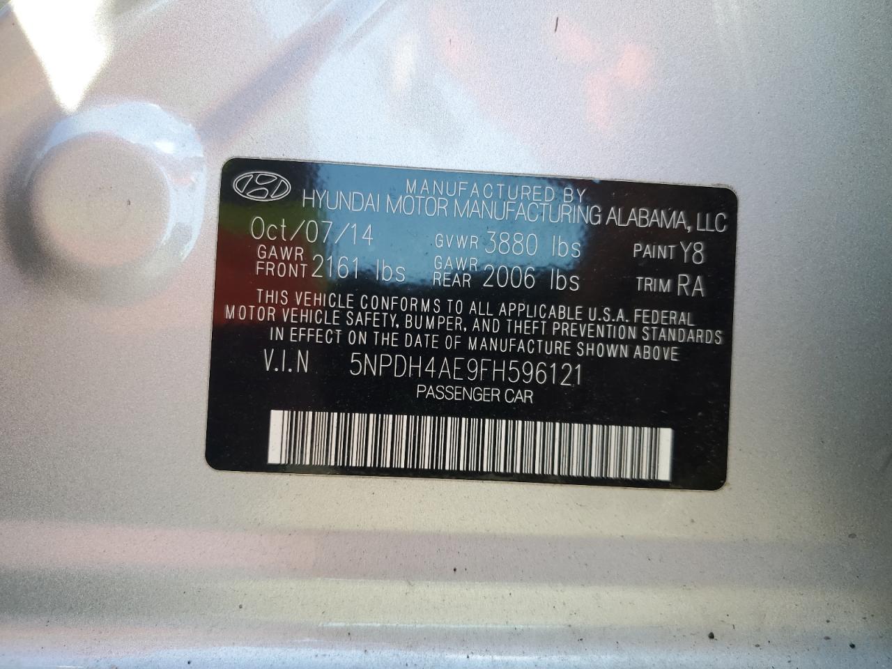 2015 Hyundai Elantra Se VIN: 5NPDH4AE9FH596121 Lot: 66790794