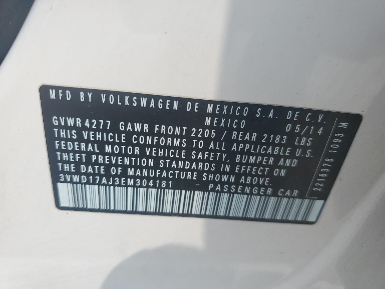 3VWD17AJ3EM304181 2014 Volkswagen Jetta Se