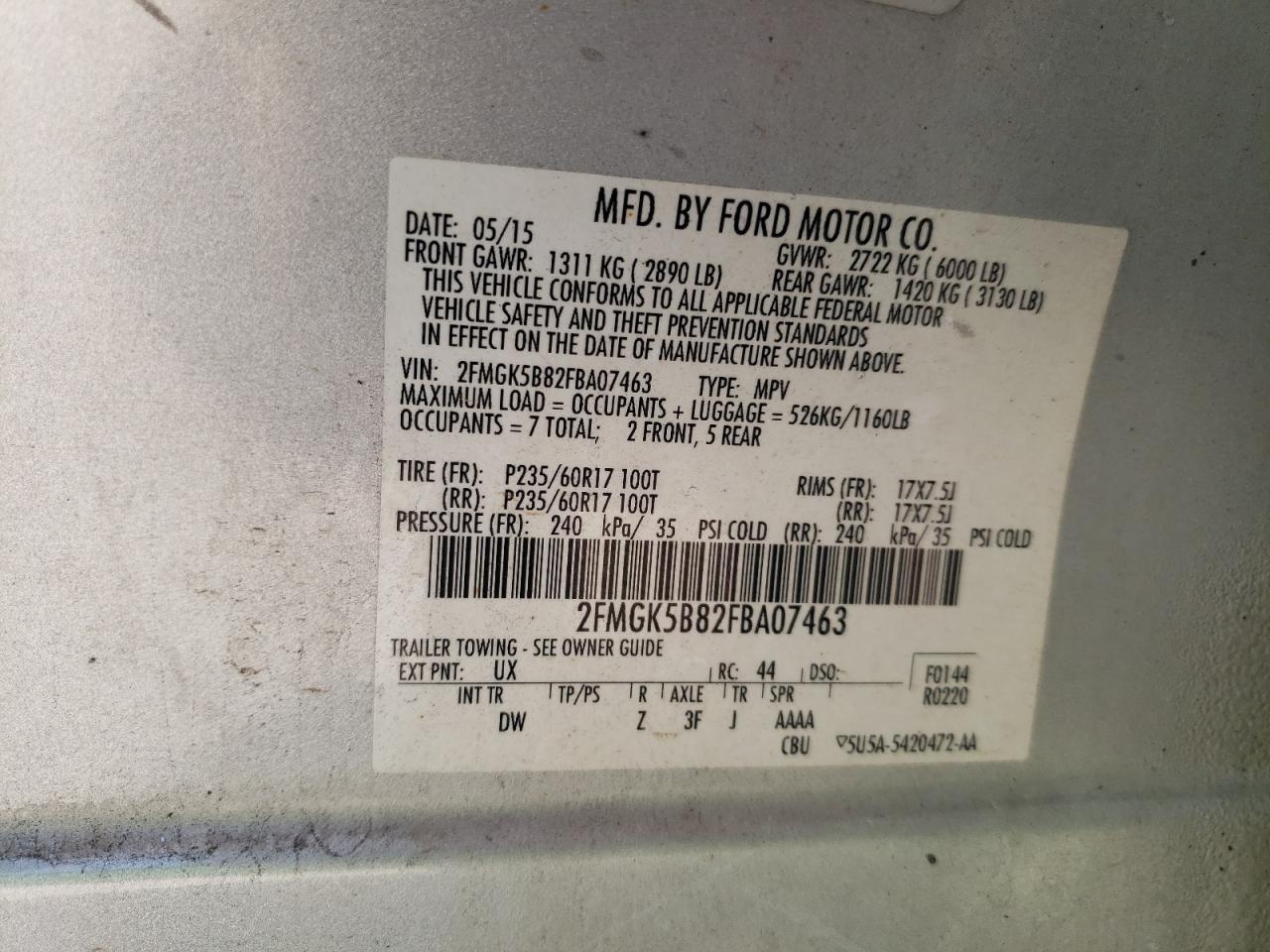 2FMGK5B82FBA07463 2015 Ford Flex Se