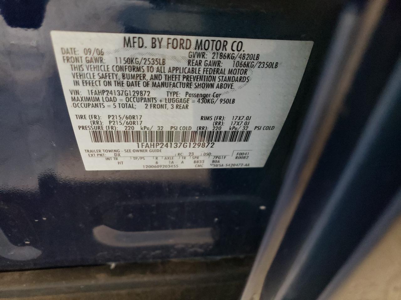 2007 Ford Five Hundred Sel VIN: 1FAHP24137G129872 Lot: 67407884