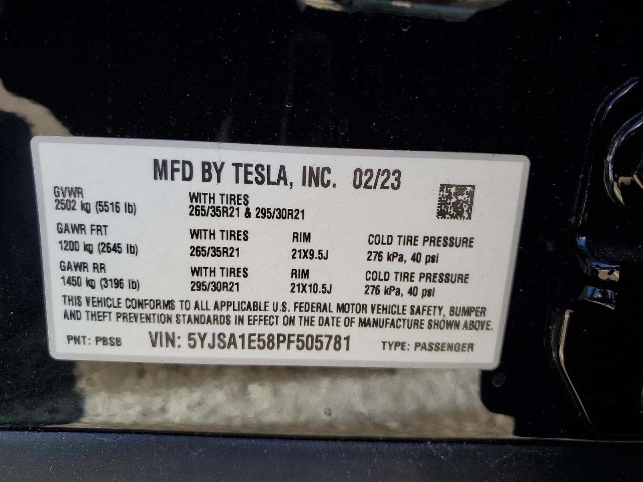 5YJSA1E58PF505781 2023 Tesla Model S