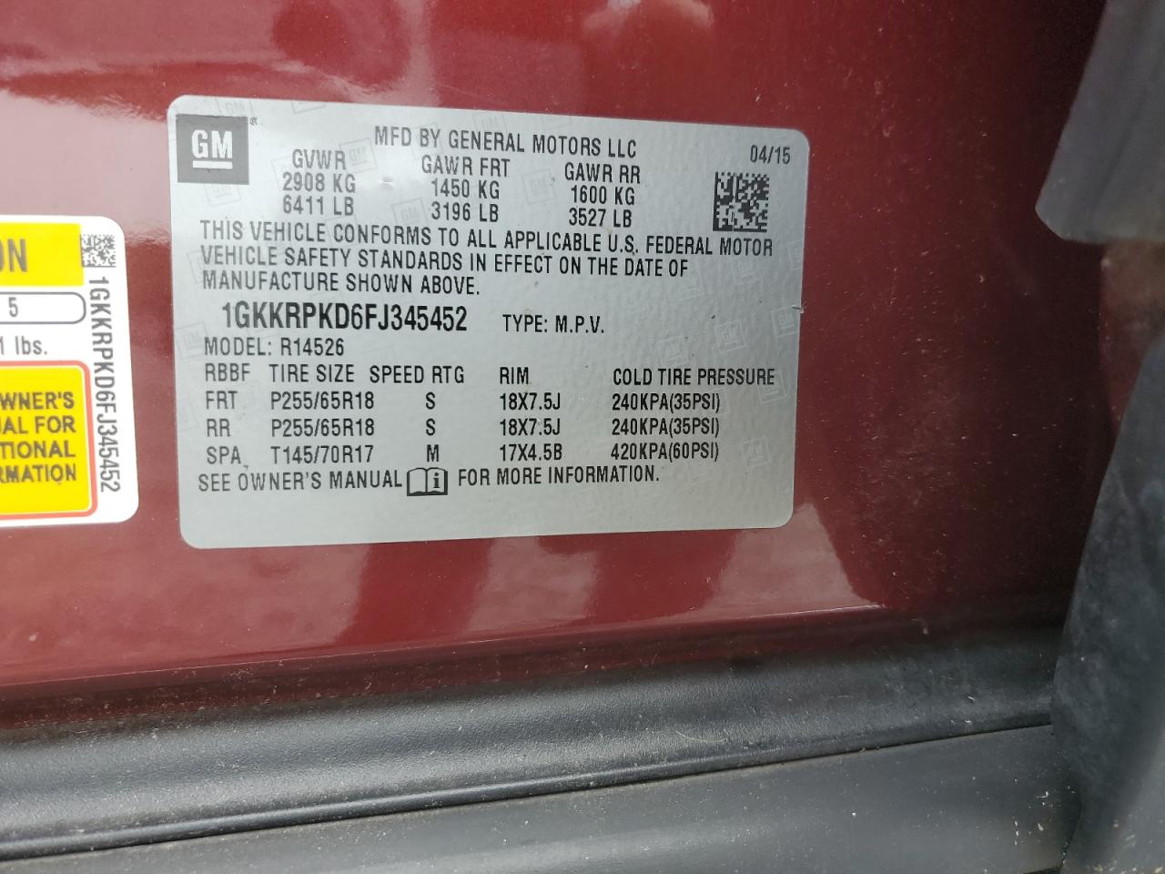 1GKKRPKD6FJ345452 2015 GMC Acadia Sle