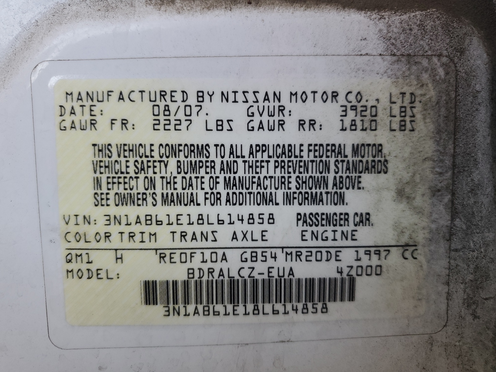 3N1AB61E18L614858 2008 Nissan Sentra 2.0