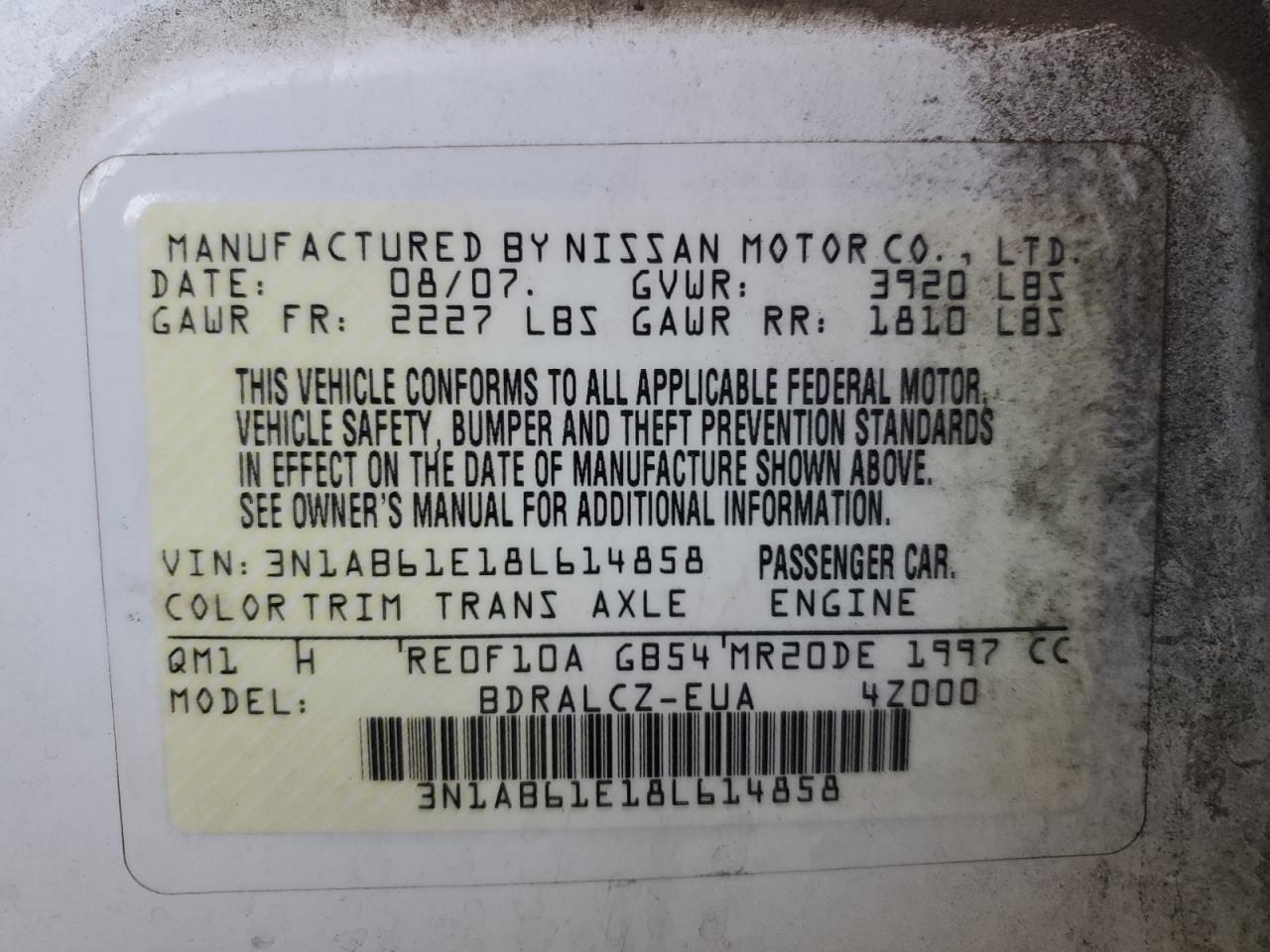 2008 Nissan Sentra 2.0 VIN: 3N1AB61E18L614858 Lot: 66432134