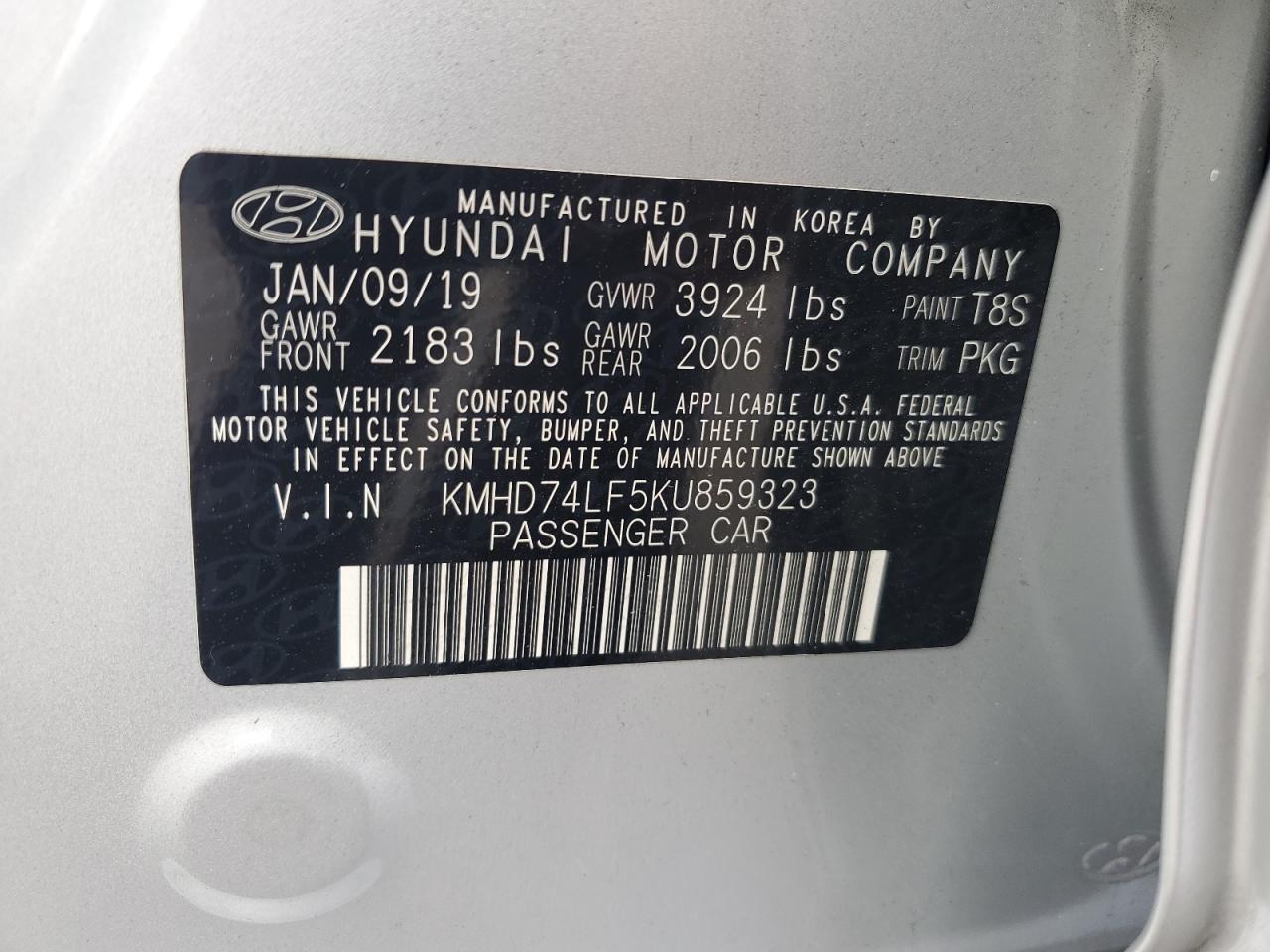 2019 Hyundai Elantra Se VIN: KMHD74LF5KU859323 Lot: 66559884