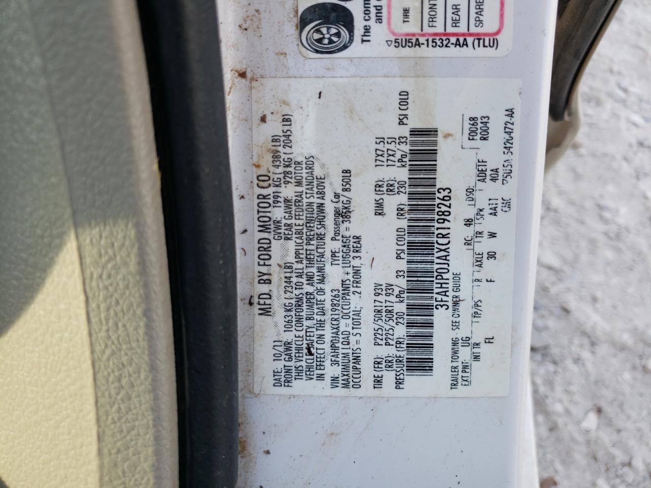 2012 Ford Fusion Sel VIN: 3FAHP0JAXCR198263 Lot: 66474304