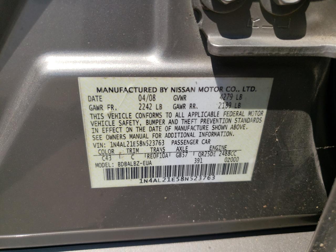 1N4AL21E58N523763 2008 Nissan Altima 2.5