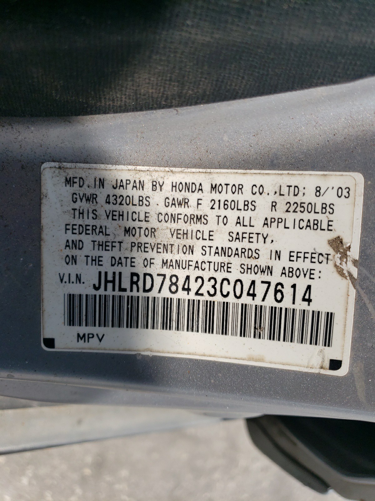 JHLRD78423C047614 2003 Honda Cr-V Lx