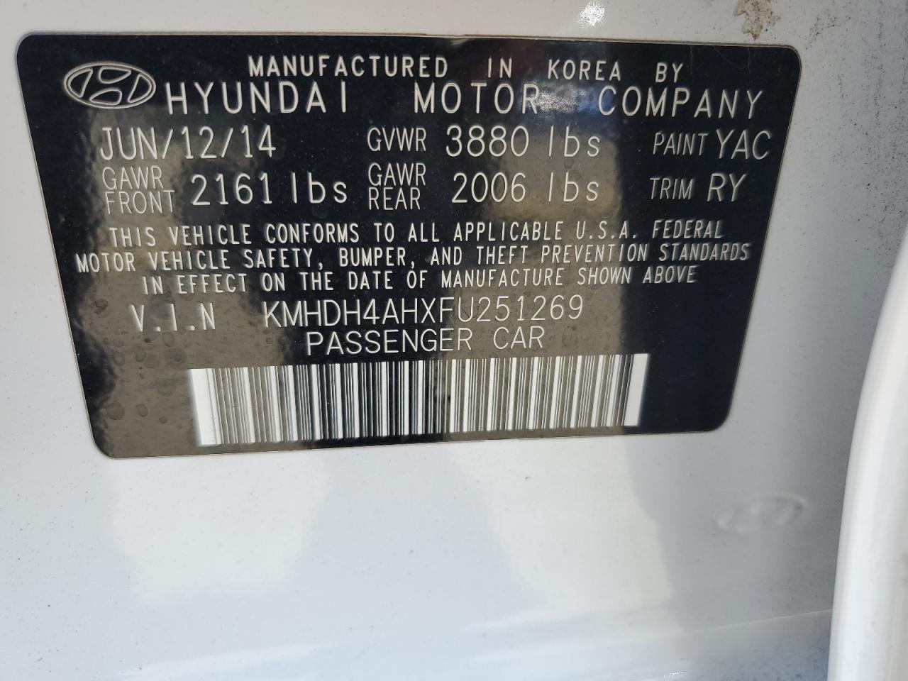 2015 Hyundai Elantra Se VIN: KMHDH4AHXFU251269 Lot: 67024274