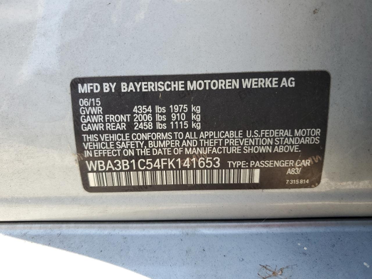 2015 BMW 320 I VIN: WBA3B1C54FK141653 Lot: 66953554