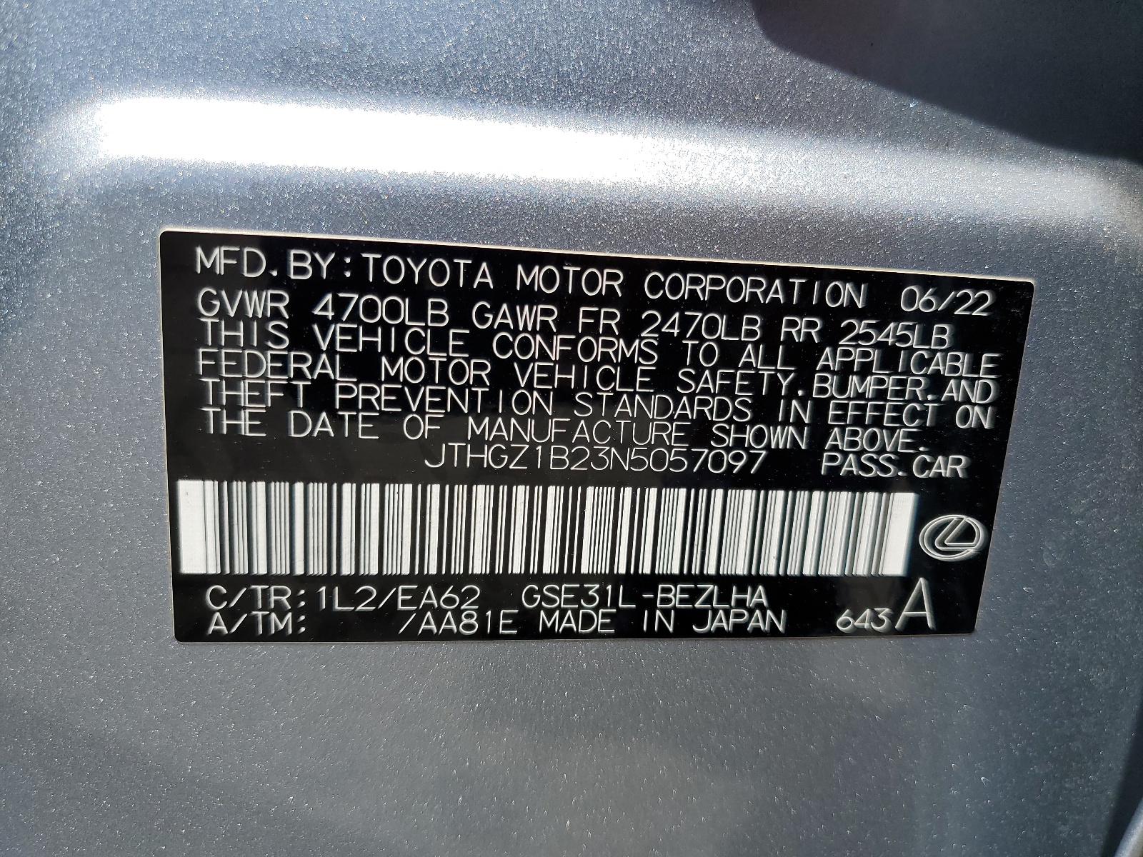 JTHGZ1B23N5057097 2022 Lexus Is 350 F Sport