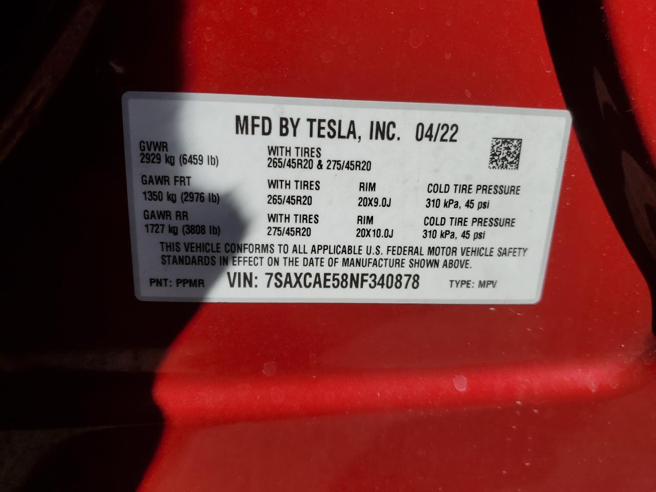 2022 Tesla Model X VIN: 7SAXCAE58NF340878 Lot: 69230184