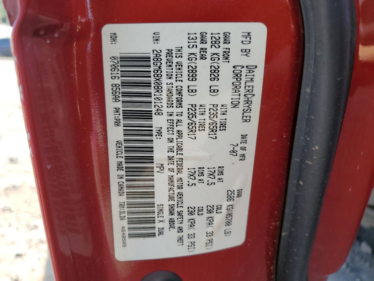 2008 Chrysler Pacifica Touring VIN: 2A8GM68X08R101248 Lot: 65520654