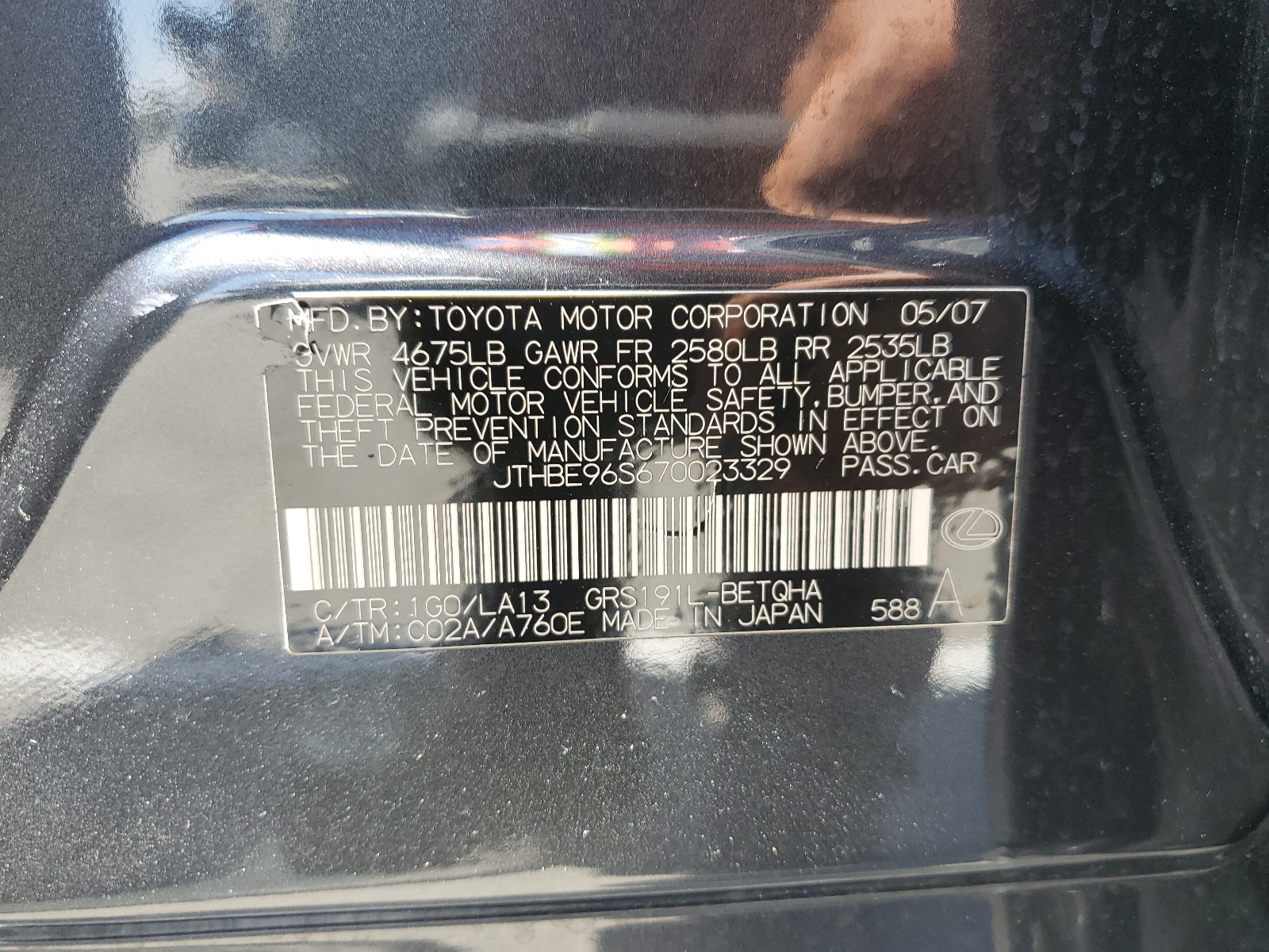 JTHBE96S670023329 2007 Lexus Gs 350