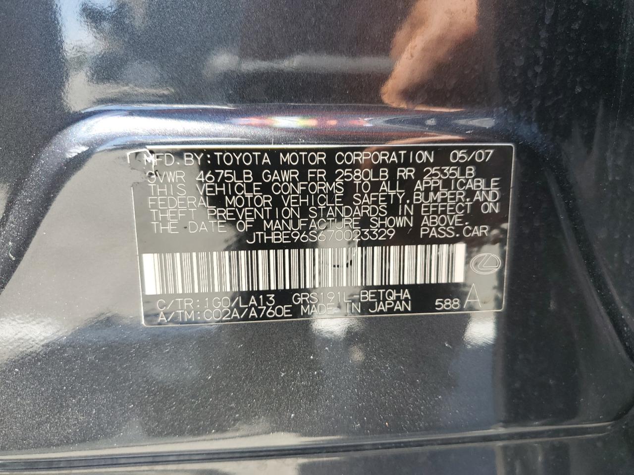 2007 Lexus Gs 350 VIN: JTHBE96S670023329 Lot: 52032184