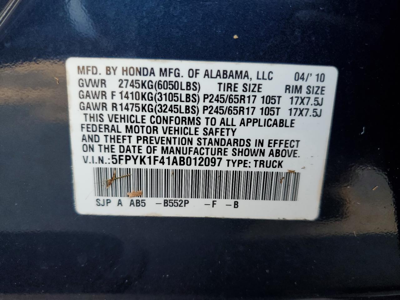 2010 Honda Ridgeline Rts VIN: 5FPYK1F41AB012097 Lot: 69059994