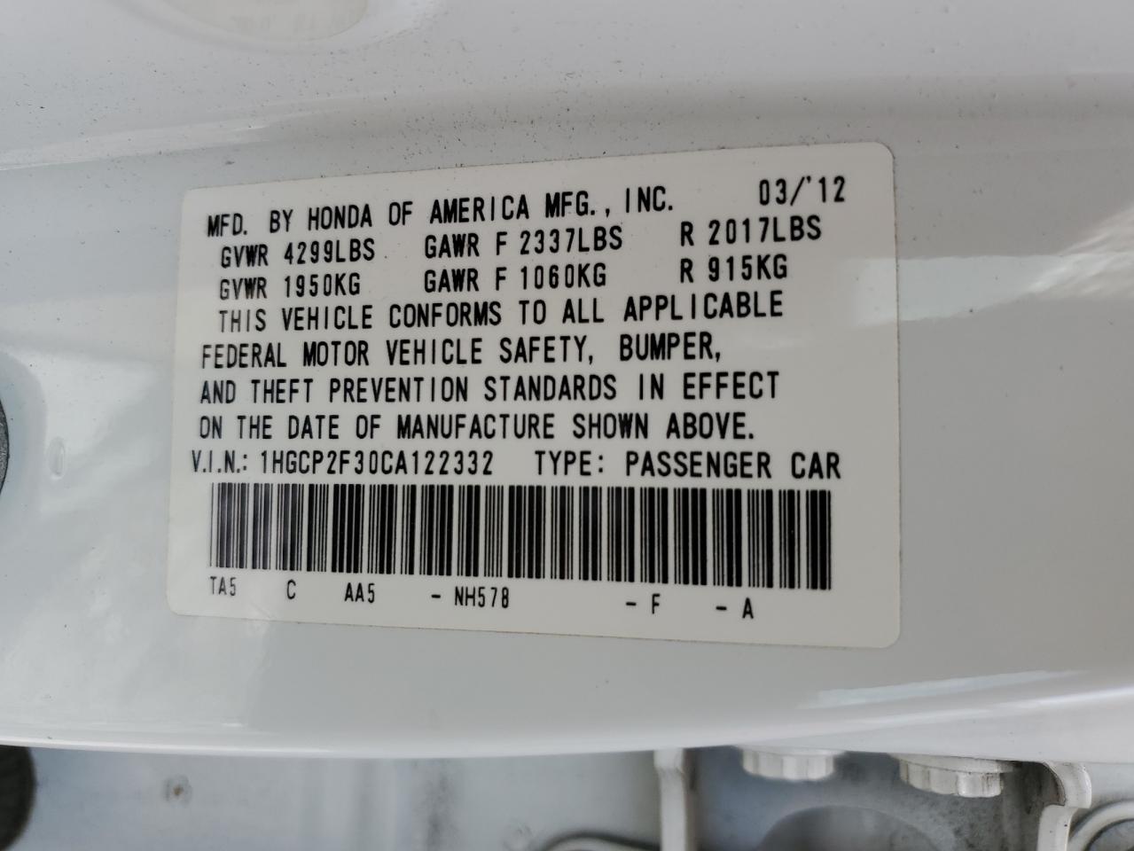 1HGCP2F30CA122332 2012 Honda Accord Lx