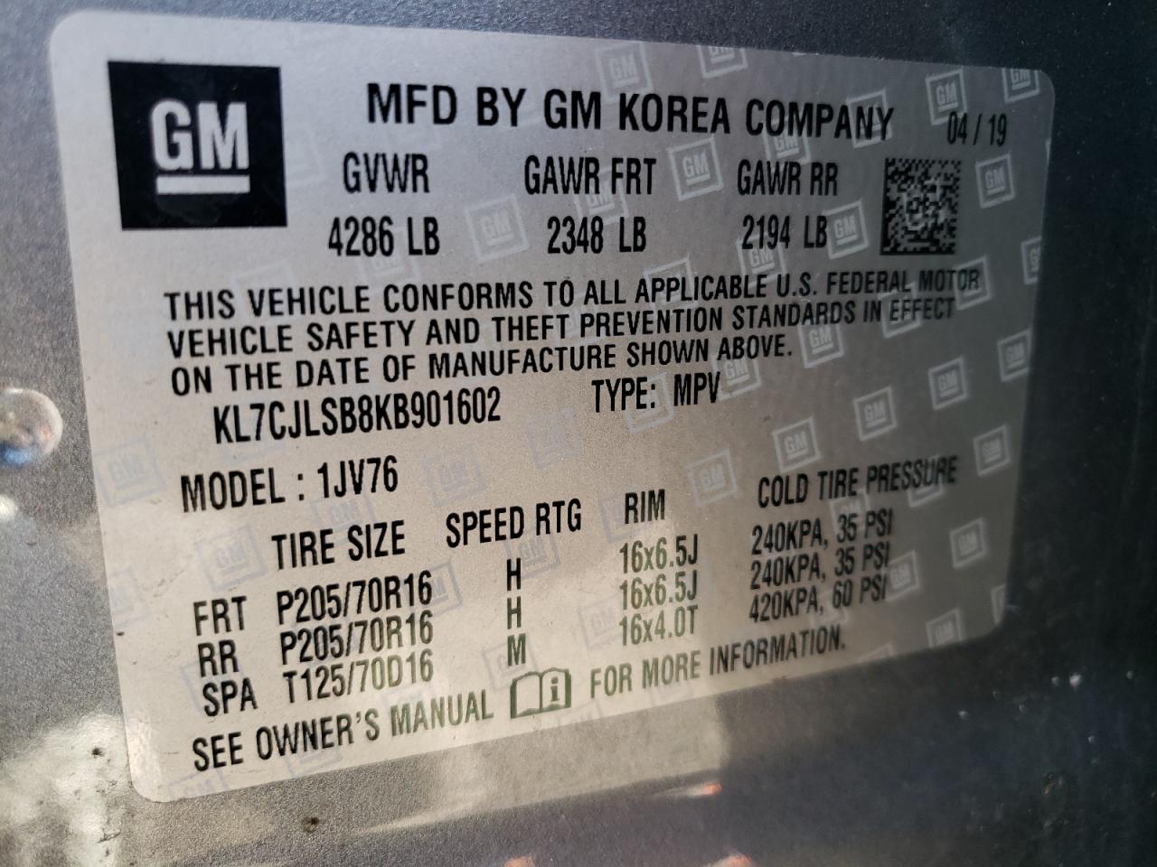 2019 Chevrolet Trax 1Lt VIN: KL7CJLSB8KB901602 Lot: 66224334