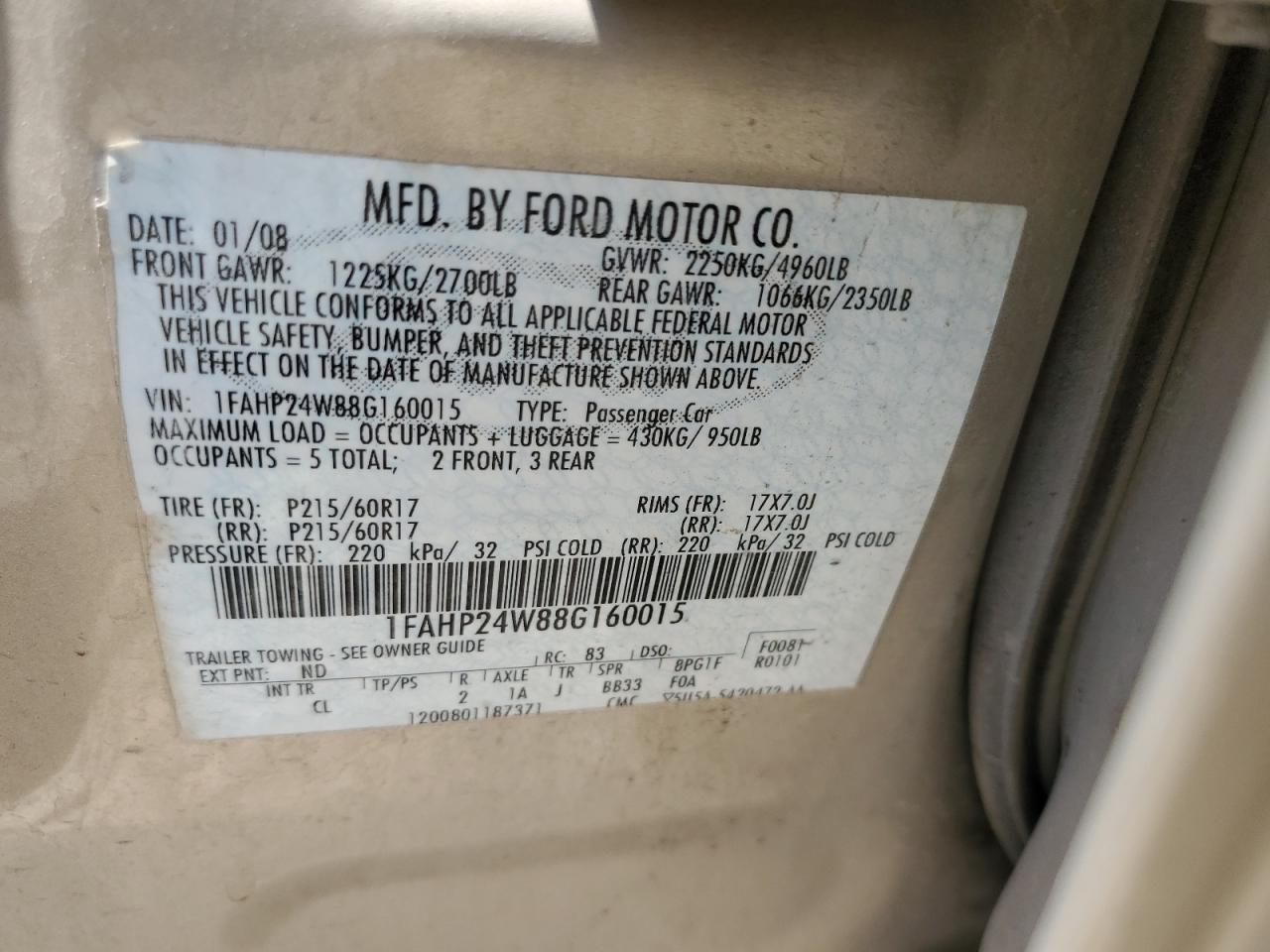 2008 Ford Taurus Sel VIN: 1FAHP24W88G160015 Lot: 65486744