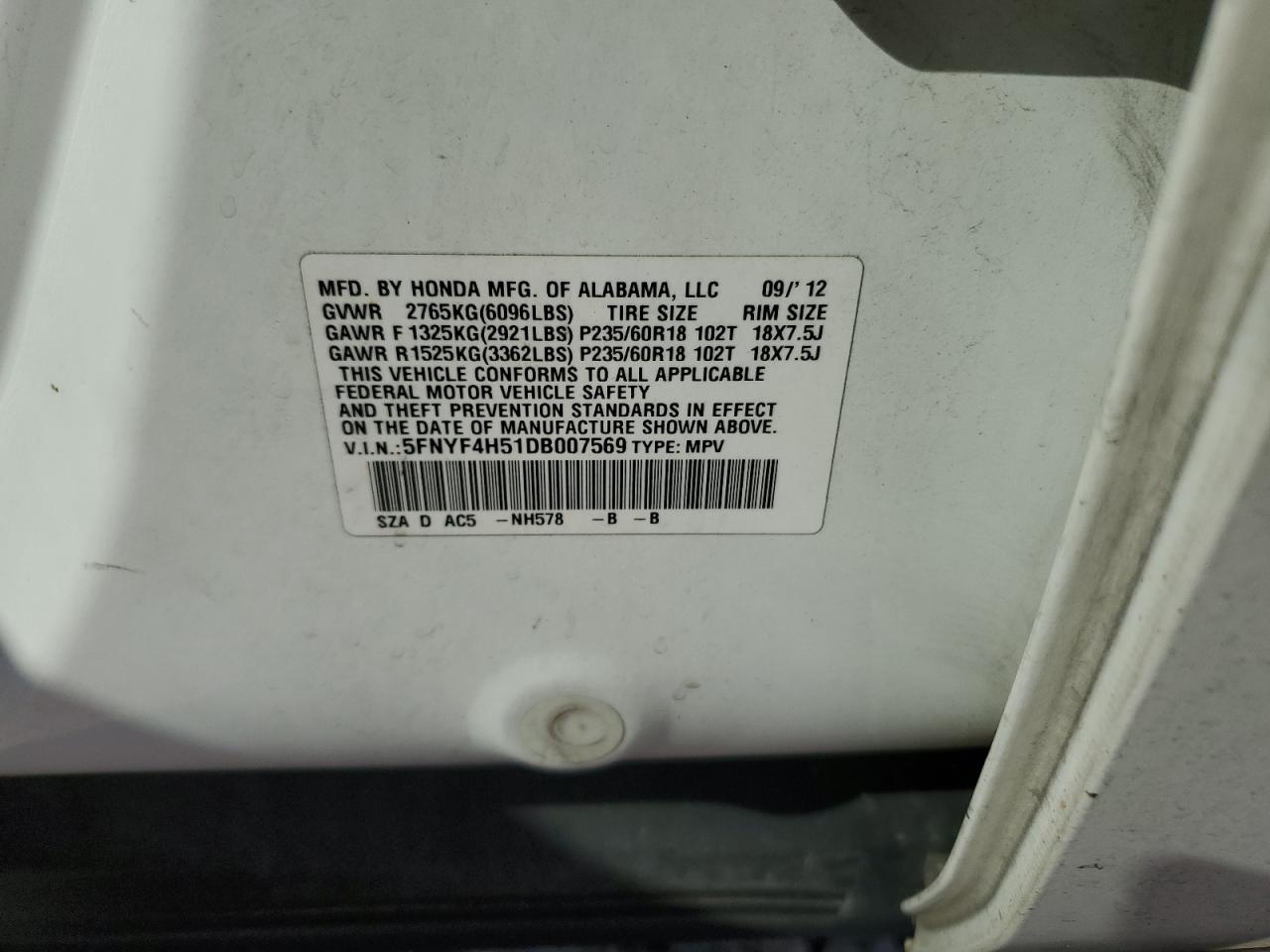 2013 Honda Pilot Exl VIN: 5FNYF4H51DB007569 Lot: 67684804