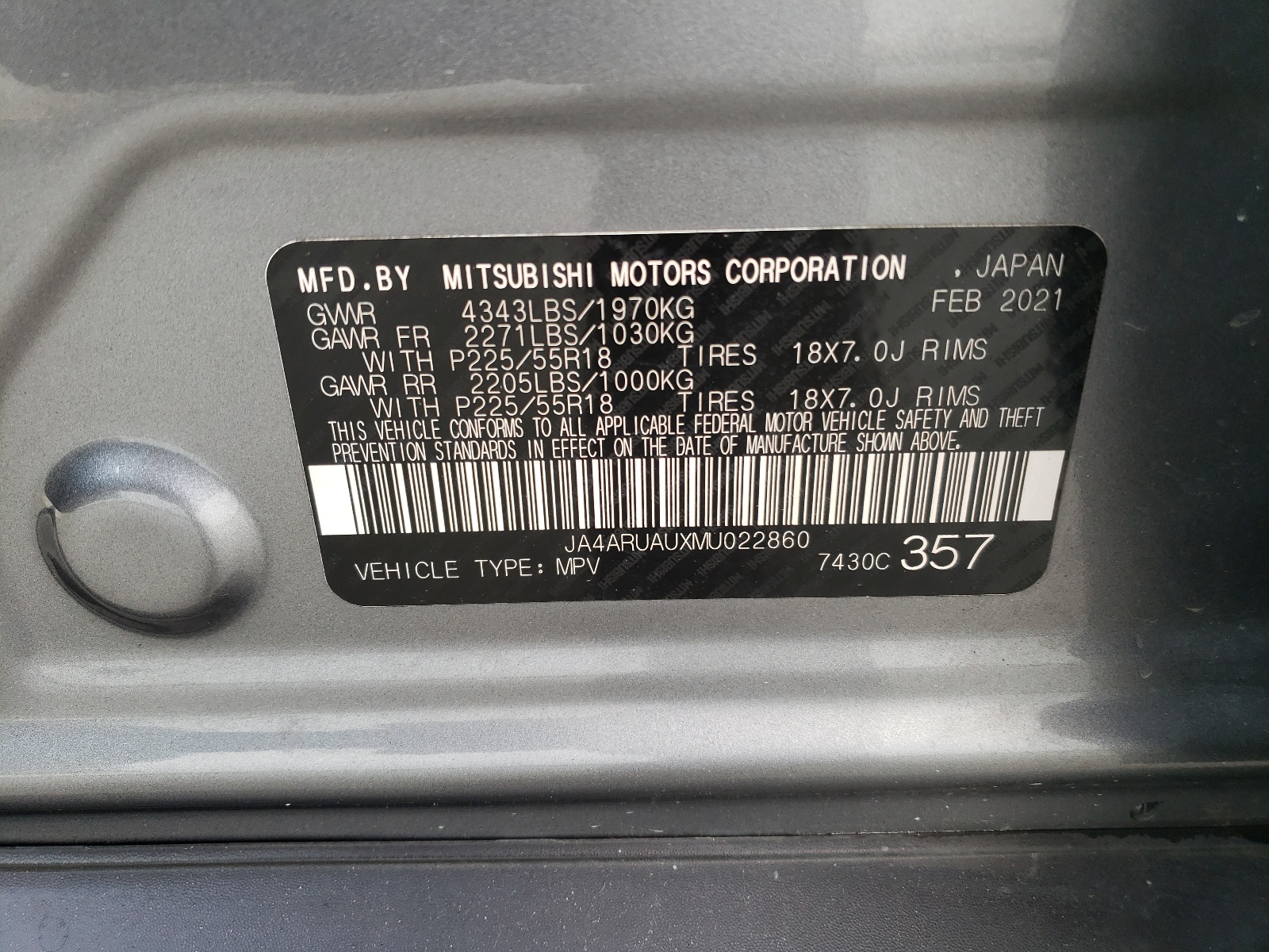 JA4ARUAUXMU022860 2021 Mitsubishi Outlander Sport Es